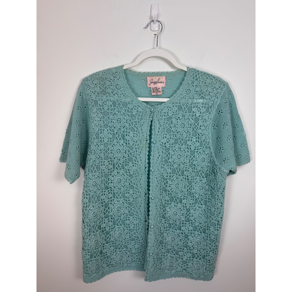 Jaclyn Smith Seafoam Green Crochet Lace Short Cardigan Vintage Style Large